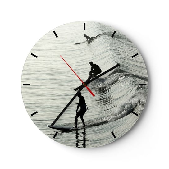 Zegar ścienny - Na spotkanie fali - 30x30cm - Surfing Sport Ocean - Okrągły zegar na szkle - Nowoczeny Stylowy Zegar do salonu do kuchni - Cichy i Modny zegar ARTTOR