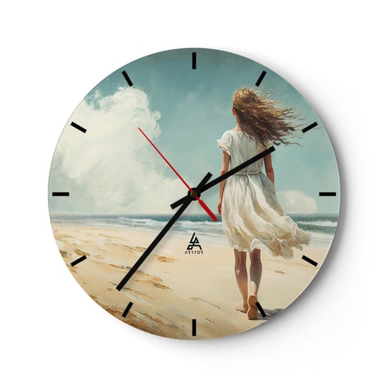 Zegar ścienny - Na spotkanie słońca i wiatru - 30x30cm - Dziewczyna Plaża Spacerować - Okrągły zegar na szkle - Nowoczeny Stylowy Zegar do salonu do kuchni - Cichy i Modny zegar ARTTOR