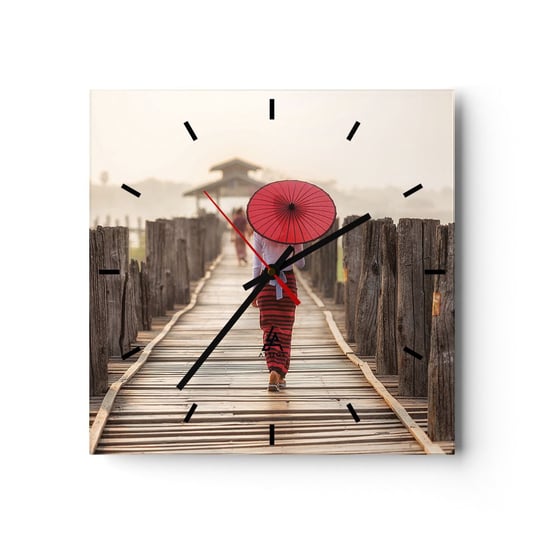 Zegar ścienny - Na starym moście - 30x30cm - Parasol Birma Drewniany Pomost - Kwadratowy zegar na szkle - Nowoczeny Stylowy Zegar do salonu do kuchni - Cichy i Modny zegar ARTTOR