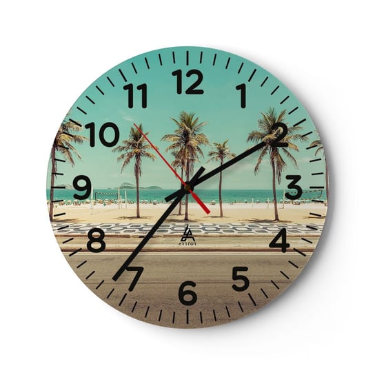Zegar ścienny - Na straży plaży - 40x40cm - Plaża Palmy Rio De Janeiro - Okrągły zegar szklany - Nowoczeny Stylowy Zegar do salonu do kuchni - Cichy i Modny zegar ARTTOR