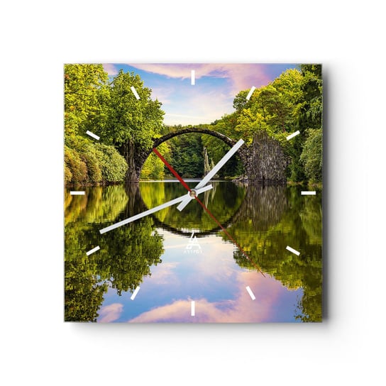 Zegar ścienny - Na styku dwóch światów - 30x30cm - Krajobraz Rzeka Most - Kwadratowy zegar na szkle - Nowoczeny Stylowy Zegar do salonu do kuchni - Cichy i Modny zegar ARTTOR