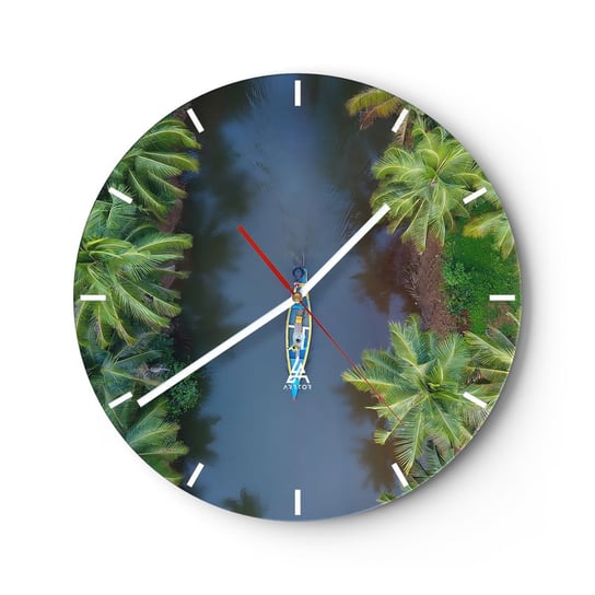Zegar ścienny - Na tropikalnym szlaku - 30x30cm - Indie Egzotyka Łódka - Okrągły zegar na szkle - Nowoczeny Stylowy Zegar do salonu do kuchni - Cichy i Modny zegar ARTTOR