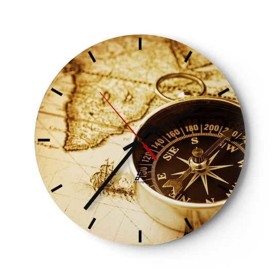 Zegar ścienny - Na wschód czy na zachód? - 30x30cm - Podróże  Mapy Świata Kompas - Okrągły zegar na szkle - Nowoczeny Stylowy Zegar do salonu do kuchni - Cichy i Modny zegar ARTTOR