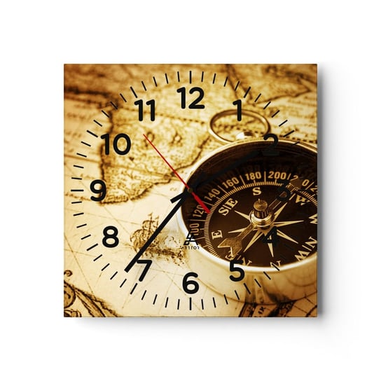 Zegar ścienny - Na wschód czy na zachód? - 40x40cm - Podróże  Mapy Świata Kompas - Kwadratowy zegar szklany - Nowoczeny Stylowy Zegar do salonu do kuchni - Cichy i Modny zegar ARTTOR