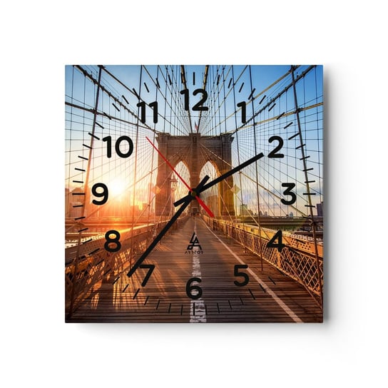 Zegar ścienny - Na złotym moście - 40x40cm - Nowy Jork Most Brookliński Architektura - Kwadratowy zegar szklany - Nowoczeny Stylowy Zegar do salonu do kuchni - Cichy i Modny zegar ARTTOR