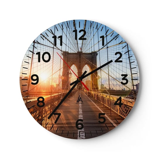 Zegar ścienny - Na złotym moście - 40x40cm - Nowy Jork Most Brookliński Architektura - Okrągły zegar szklany - Nowoczeny Stylowy Zegar do salonu do kuchni - Cichy i Modny zegar ARTTOR
