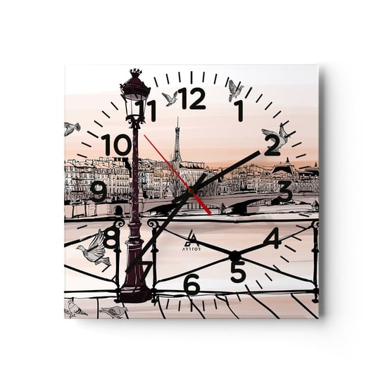 Zegar ścienny - Nad dachami Paryża - 30x30cm - Architektura Miasto Paryż - Kwadratowy zegar ścienny - Nowoczeny Stylowy Zegar do salonu do kuchni - Cichy i Modny zegar ARTTOR