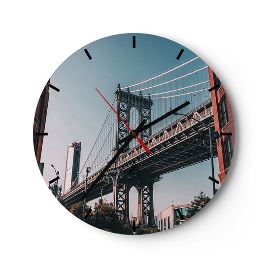 Zegar ścienny - Nad falami miasta - 30x30cm - Nowy Jork Most Brookliński Architektura - Okrągły zegar na szkle - Nowoczeny Stylowy Zegar do salonu do kuchni - Cichy i Modny zegar ARTTOR