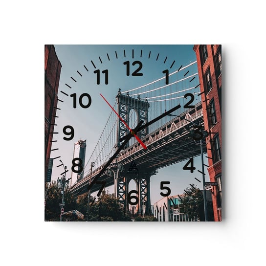 Zegar ścienny - Nad falami miasta - 40x40cm - Nowy Jork Most Brookliński Architektura - Kwadratowy zegar szklany - Nowoczeny Stylowy Zegar do salonu do kuchni - Cichy i Modny zegar ARTTOR