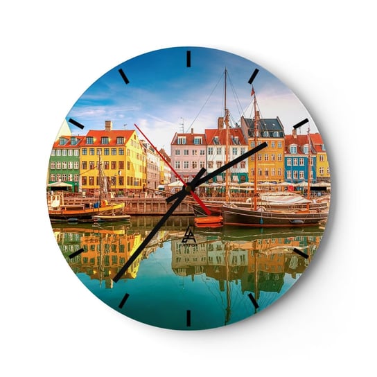 Zegar ścienny - Nad wodą gładką jak lustro - 30x30cm - Krajobraz Architektura Kopenhaga - Okrągły zegar na szkle - Nowoczeny Stylowy Zegar do salonu do kuchni - Cichy i Modny zegar ARTTOR