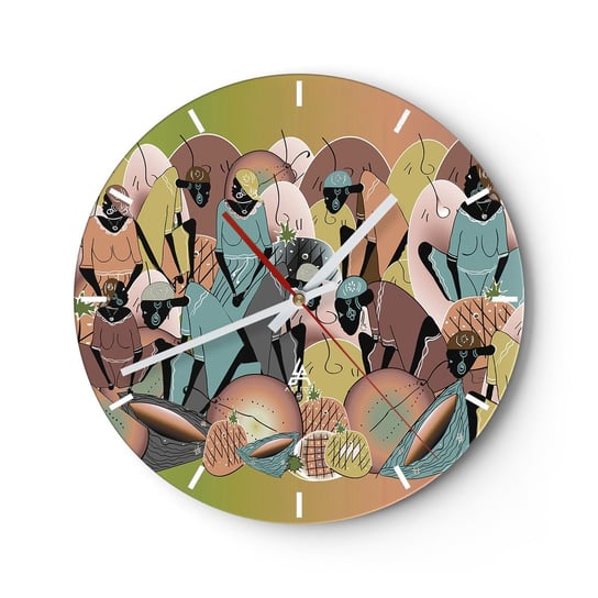 Zegar ścienny - Nadchodzi wielkie święto - 30x30cm - Abstrakcja Grafika Afryka - Okrągły zegar na szkle - Nowoczeny Stylowy Zegar do salonu do kuchni - Cichy i Modny zegar ARTTOR