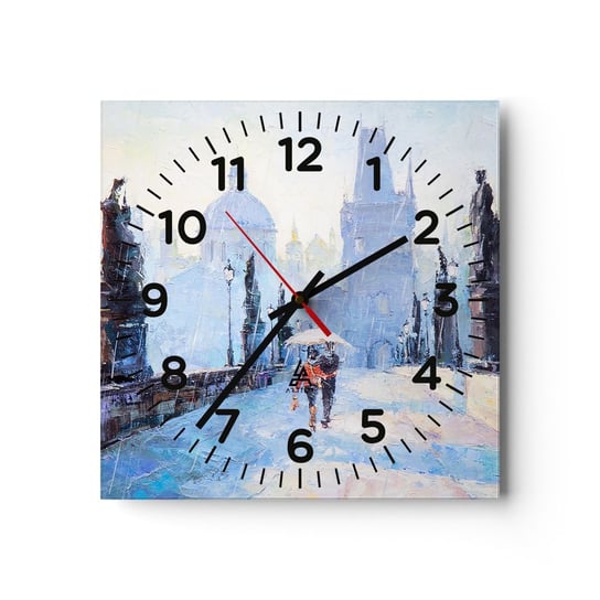 Zegar ścienny - Nas zaczarować musiał deszcz - 30x30cm - Miasto Praga Most Karola - Kwadratowy zegar ścienny - Nowoczeny Stylowy Zegar do salonu do kuchni - Cichy i Modny zegar ARTTOR