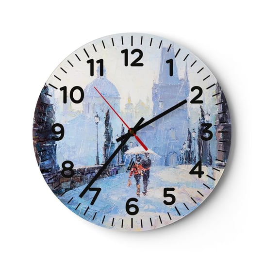 Zegar ścienny - Nas zaczarować musiał deszcz - 30x30cm - Miasto Praga Most Karola - Okrągły zegar ścienny - Nowoczeny Stylowy Zegar do salonu do kuchni - Cichy i Modny zegar ARTTOR