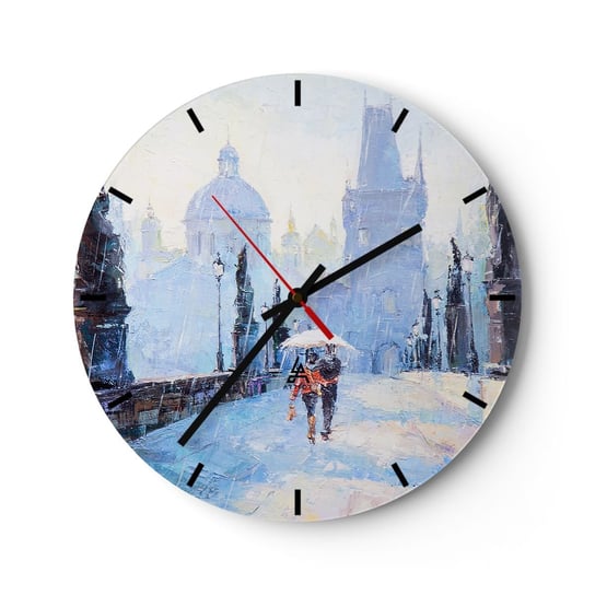 Zegar ścienny - Nas zaczarować musiał deszcz - 40x40cm - Miasto Praga Most Karola - Okrągły zegar ścienny - Nowoczeny Stylowy Zegar do salonu do kuchni - Cichy i Modny zegar ARTTOR