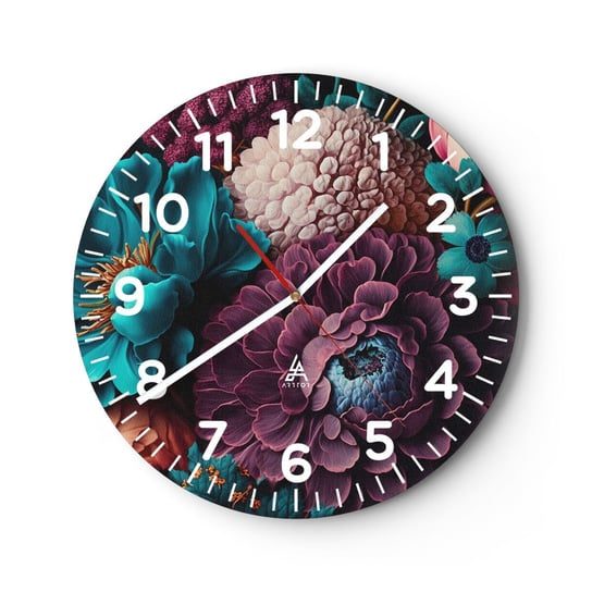 Zegar ścienny - Natura na bogato - 40x40cm - Kwiaty Botanika Vintage - Okrągły zegar szklany - Nowoczeny Stylowy Zegar do salonu do kuchni - Cichy i Modny zegar ARTTOR