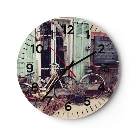 Zegar ścienny - Niech żyje prowincja - 40x40cm - Rower Vintage Prowansja - Okrągły zegar szklany - Nowoczeny Stylowy Zegar do salonu do kuchni - Cichy i Modny zegar ARTTOR