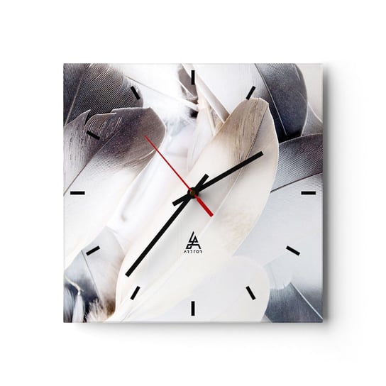 Zegar ścienny - Niemal anielskie - 30x30cm - Pióra  Minimalistyczny Delikatny - Kwadratowy zegar na szkle - Nowoczeny Stylowy Zegar do salonu do kuchni - Cichy i Modny zegar ARTTOR