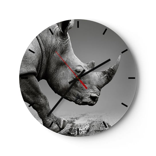 Zegar ścienny - Niepowstrzymana siła - 30x30cm - Nosorożec Zwierzęta Afryka - Okrągły zegar na szkle - Nowoczeny Stylowy Zegar do salonu do kuchni - Cichy i Modny zegar ARTTOR