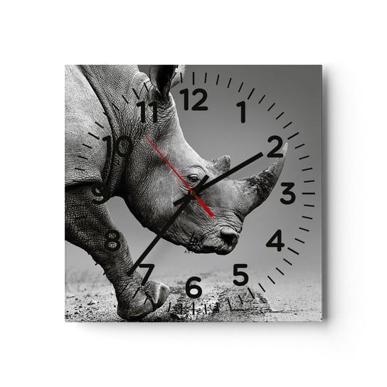 Zegar ścienny - Niepowstrzymana siła - 40x40cm - Nosorożec Zwierzęta Afryka - Kwadratowy zegar szklany - Nowoczeny Stylowy Zegar do salonu do kuchni - Cichy i Modny zegar ARTTOR