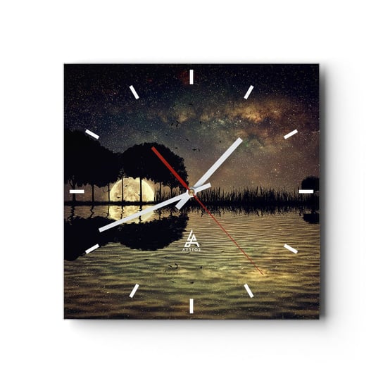Zegar ścienny - Noc na krańcu świata - 30x30cm - Krajobraz Jezioro Księżyc - Kwadratowy zegar na szkle - Nowoczeny Stylowy Zegar do salonu do kuchni - Cichy i Modny zegar ARTTOR