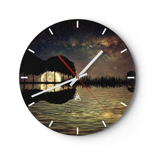Zegar ścienny - Noc na krańcu świata - 30x30cm - Krajobraz Jezioro Księżyc - Okrągły zegar na szkle - Nowoczeny Stylowy Zegar do salonu do kuchni - Cichy i Modny zegar ARTTOR