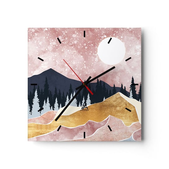 Zegar ścienny - Nocna straż - 30x30cm - Grafika Krajobraz Góry - Kwadratowy zegar na szkle - Nowoczeny Stylowy Zegar do salonu do kuchni - Cichy i Modny zegar ARTTOR