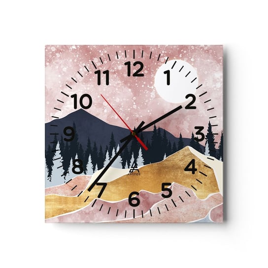 Zegar ścienny - Nocna straż - 30x30cm - Grafika Krajobraz Góry - Kwadratowy zegar ścienny - Nowoczeny Stylowy Zegar do salonu do kuchni - Cichy i Modny zegar ARTTOR