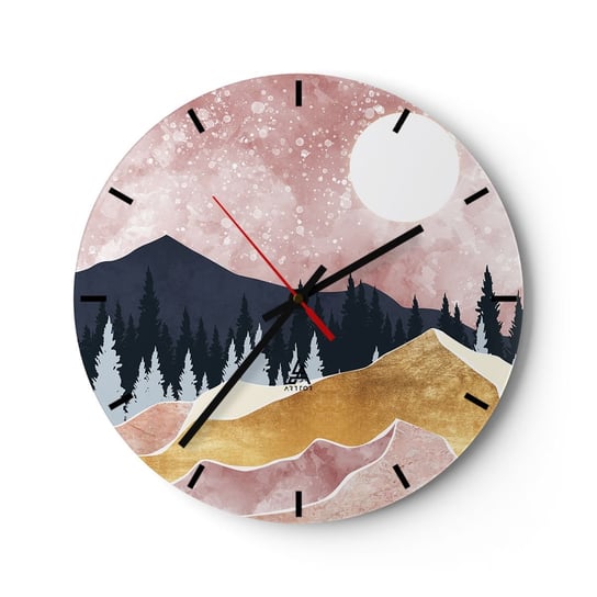 Zegar ścienny - Nocna straż - 30x30cm - Grafika Krajobraz Góry - Okrągły zegar na szkle - Nowoczeny Stylowy Zegar do salonu do kuchni - Cichy i Modny zegar ARTTOR