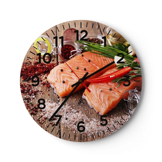 Zegar ścienny - Norweska przygoda w kuchni - 30x30cm - Gastronomia Łosoś Przyprawy - Okrągły zegar ścienny - Nowoczeny Stylowy Zegar do salonu do kuchni - Cichy i Modny zegar ARTTOR