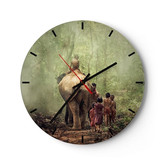 Zegar ścienny - Nowa Księga Dżungli - 30x30cm - Krajobraz Słoń Dżungla - Okrągły zegar na szkle - Nowoczeny Stylowy Zegar do salonu do kuchni - Cichy i Modny zegar ARTTOR
