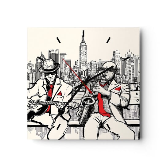 Zegar ścienny - Nowojorska improwizacja - 30x30cm - Muzyka Jazz Nowy Jork - Kwadratowy zegar na szkle - Nowoczeny Stylowy Zegar do salonu do kuchni - Cichy i Modny zegar ARTTOR