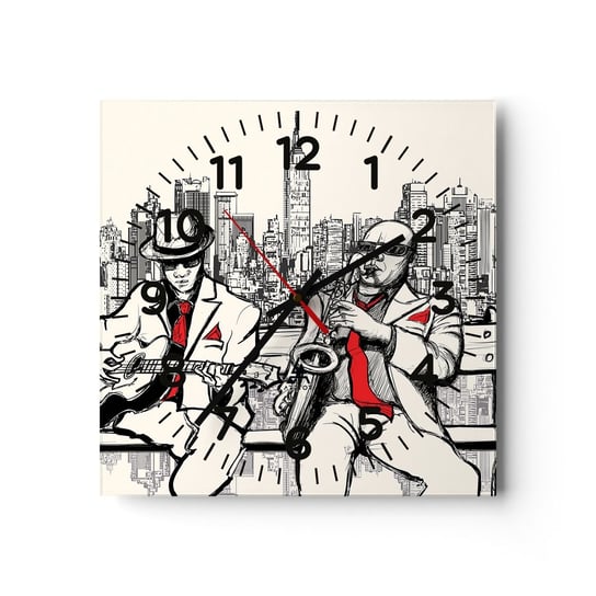 Zegar ścienny - Nowojorska improwizacja - 40x40cm - Muzyka Jazz Nowy Jork - Kwadratowy zegar szklany - Nowoczeny Stylowy Zegar do salonu do kuchni - Cichy i Modny zegar ARTTOR