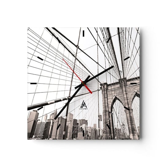Zegar ścienny - Nowojorska katedra - 30x30cm - Most Architektura New York - Kwadratowy zegar na szkle - Nowoczeny Stylowy Zegar do salonu do kuchni - Cichy i Modny zegar ARTTOR