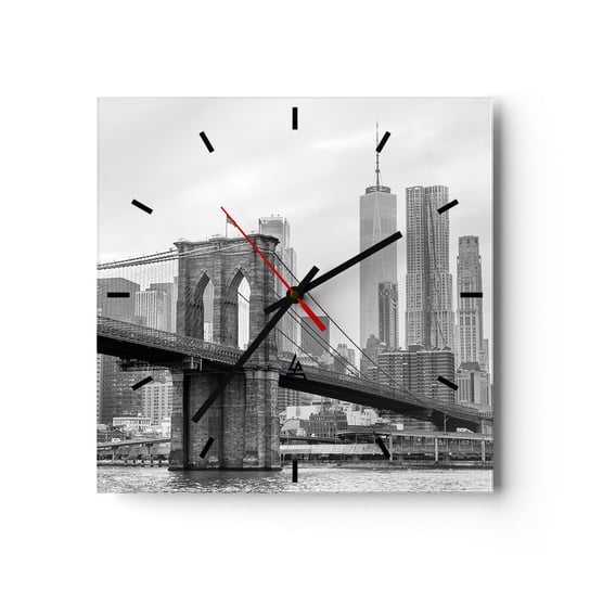 Zegar ścienny - Nowojorskie klimaty - 30x30cm - Nowy Jork Most Brookliński Manhattan - Kwadratowy zegar na szkle - Nowoczeny Stylowy Zegar do salonu do kuchni - Cichy i Modny zegar ARTTOR