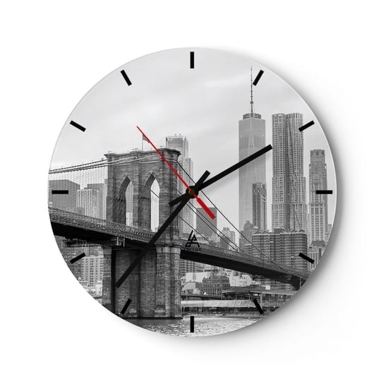 Zegar ścienny - Nowojorskie klimaty - 30x30cm - Nowy Jork Most Brookliński Manhattan - Okrągły zegar na szkle - Nowoczeny Stylowy Zegar do salonu do kuchni - Cichy i Modny zegar ARTTOR