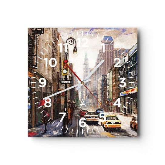 Zegar ścienny - Nowy Jork – w deszczu tez kolorowy - 40x40cm - Nowy Jork Miasto Manhattan - Kwadratowy zegar szklany - Nowoczeny Stylowy Zegar do salonu do kuchni - Cichy i Modny zegar ARTTOR