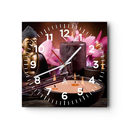 Zegar ścienny - Oczyścić umysł, uspokoić ciało - 40x40cm - Budda Religia Kwiaty - Kwadratowy zegar szklany - Nowoczeny Stylowy Zegar do salonu do kuchni - Cichy i Modny zegar ARTTOR