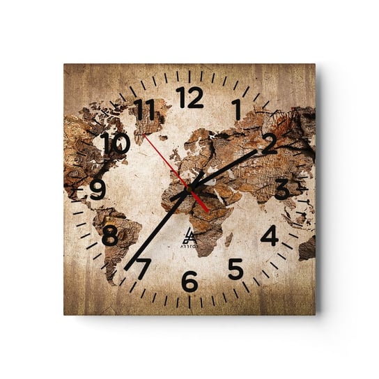 Zegar ścienny - Odkrycie świata - 30x30cm - Mapa Świata Kontynenty Podróże - Kwadratowy zegar ścienny - Nowoczeny Stylowy Zegar do salonu do kuchni - Cichy i Modny zegar ARTTOR