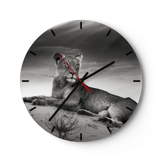 Zegar ścienny - Odpoczynek królowej pustyni - 30x30cm - Zwierzęta Lew Pustynia - Okrągły zegar na szkle - Nowoczeny Stylowy Zegar do salonu do kuchni - Cichy i Modny zegar ARTTOR