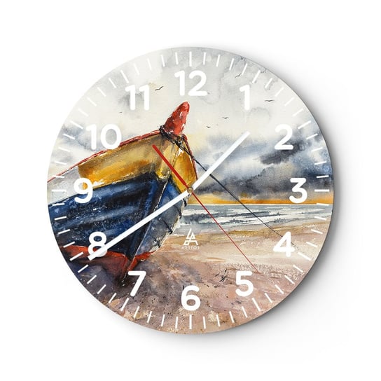 Zegar ścienny - Odpoczynek na brzegu - 30x30cm - Pejzaż Łódka Nadmorski - Okrągły zegar ścienny - Nowoczeny Stylowy Zegar do salonu do kuchni - Cichy i Modny zegar ARTTOR