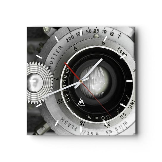 Zegar ścienny - Opowieść o Hollywood - 30x30cm - Aparat Fotograficzny Czarno-Biały Vintage - Kwadratowy zegar na szkle - Nowoczeny Stylowy Zegar do salonu do kuchni - Cichy i Modny zegar ARTTOR
