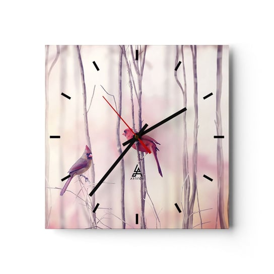 Zegar ścienny - Opowieść różowego lasu - 30x30cm - Ptak Natura Las - Kwadratowy zegar na szkle - Nowoczeny Stylowy Zegar do salonu do kuchni - Cichy i Modny zegar ARTTOR