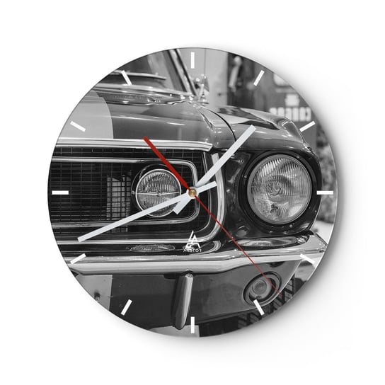 Zegar ścienny - Ostra jazda - 30x30cm - Samochód Vintage Czarno-Biały - Okrągły zegar na szkle - Nowoczeny Stylowy Zegar do salonu do kuchni - Cichy i Modny zegar ARTTOR