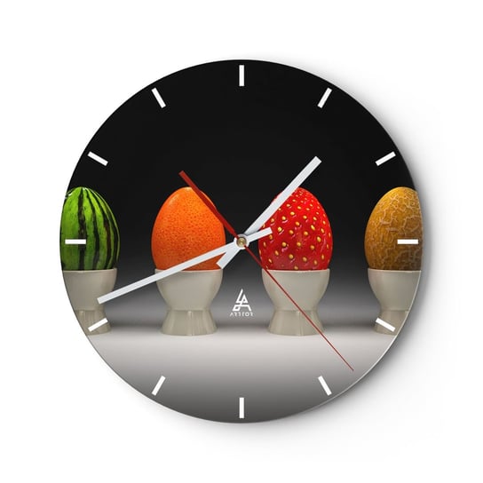 Zegar ścienny - Owocowe śniadanie - 30x30cm - Abstrakcja Owoce Jajko - Okrągły zegar na szkle - Nowoczeny Stylowy Zegar do salonu do kuchni - Cichy i Modny zegar ARTTOR