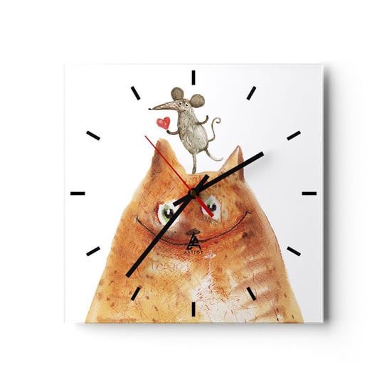 Zegar ścienny - Paradoksy miłości - 30x30cm - Dla Dzieci Mysz Kot - Kwadratowy zegar na szkle - Nowoczeny Stylowy Zegar do salonu do kuchni - Cichy i Modny zegar ARTTOR