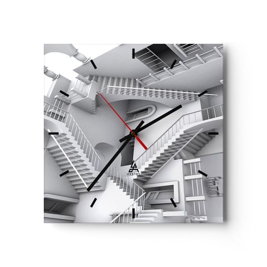 Zegar ścienny - Paradoksy przestrzeni - 30x30cm - Abstrakcja 3D Architektura - Kwadratowy zegar na szkle - Nowoczeny Stylowy Zegar do salonu do kuchni - Cichy i Modny zegar ARTTOR