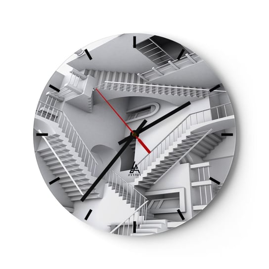 Zegar ścienny - Paradoksy przestrzeni - 30x30cm - Abstrakcja 3D Architektura - Okrągły zegar na szkle - Nowoczeny Stylowy Zegar do salonu do kuchni - Cichy i Modny zegar ARTTOR