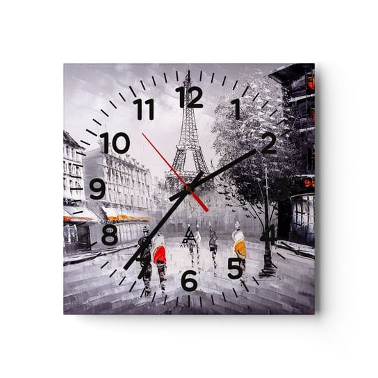 Zegar ścienny - Paryska przechadzka - 40x40cm - Miasto Paryż Wieża Eiffla - Kwadratowy zegar szklany - Nowoczeny Stylowy Zegar do salonu do kuchni - Cichy i Modny zegar ARTTOR
