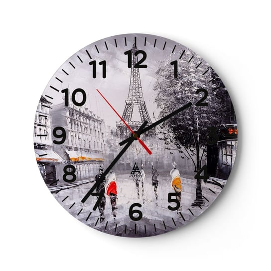 Zegar ścienny - Paryska przechadzka - 40x40cm - Miasto Paryż Wieża Eiffla - Okrągły zegar szklany - Nowoczeny Stylowy Zegar do salonu do kuchni - Cichy i Modny zegar ARTTOR