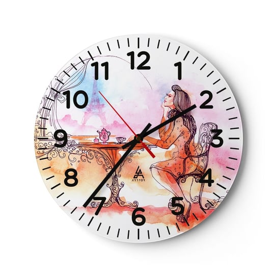 Zegar ścienny - Paryski szyk - 30x30cm - Paryż Kobieta Wieża Eiffla - Okrągły zegar ścienny - Nowoczeny Stylowy Zegar do salonu do kuchni - Cichy i Modny zegar ARTTOR